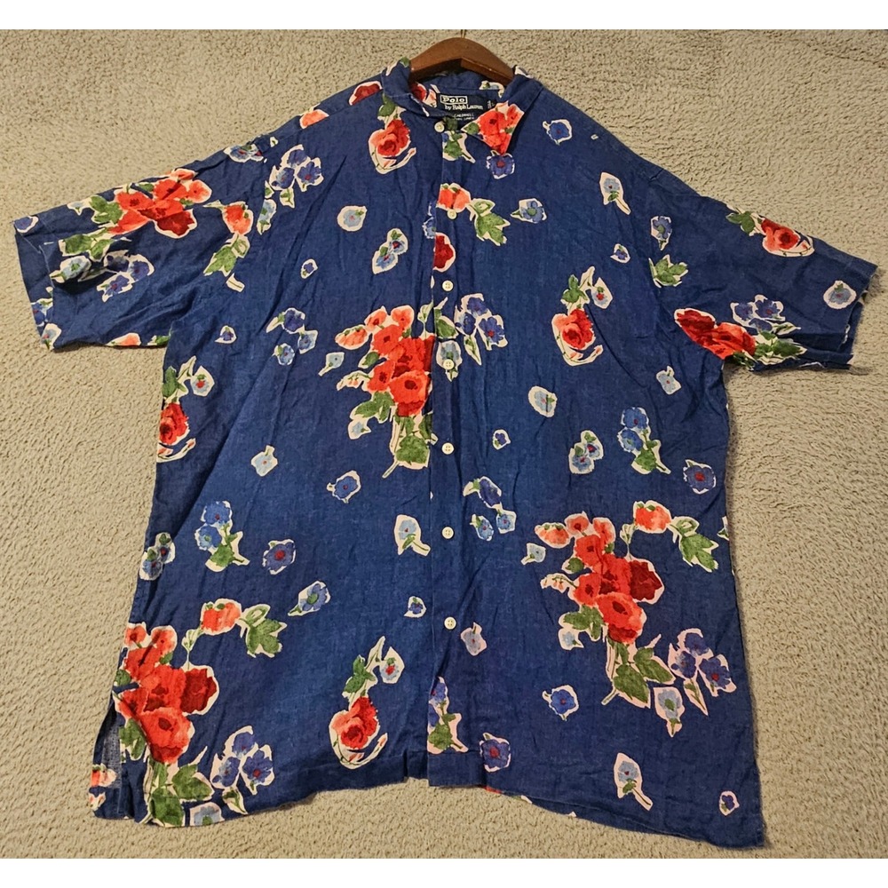 Vintage Polo Ralph Lauren Caldwell Linen Camp Shirt Flower Floral Size Large